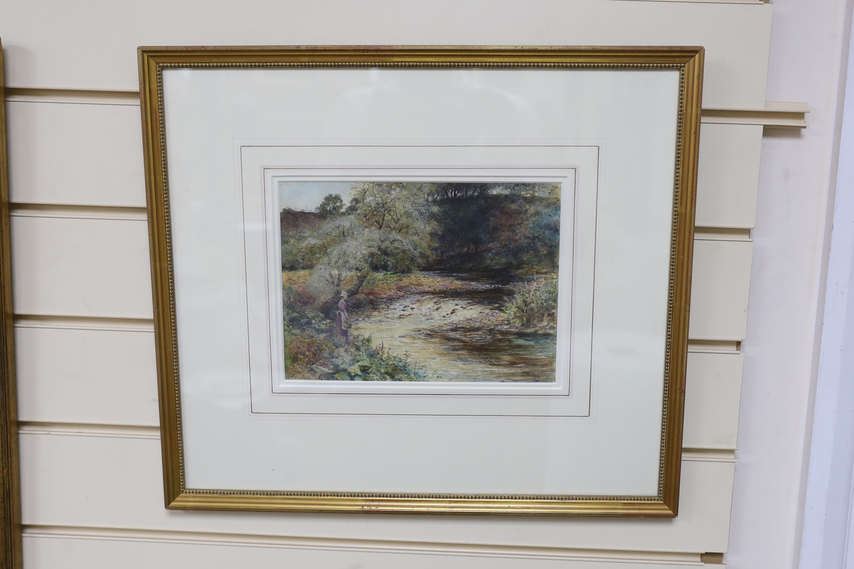 James Millar Mackay (1863-1936), watercolour, Woman beside a stream, signed, 17.5 x 24cm